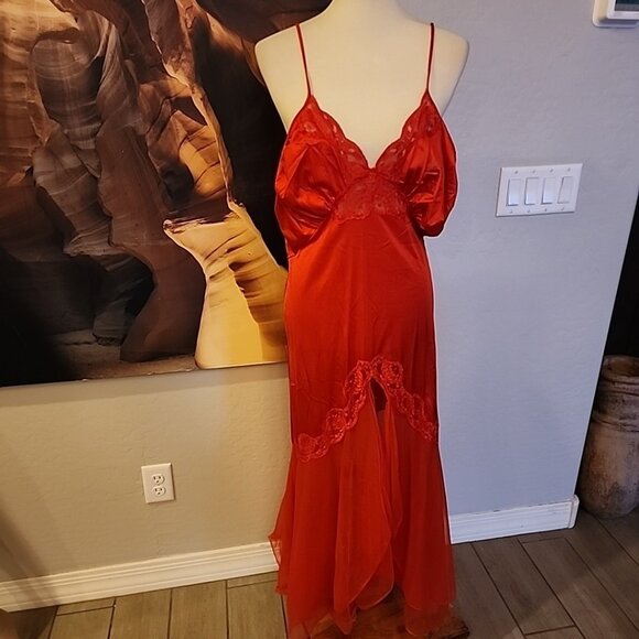 VTG 80's Sabrina by Mervyns Lingerie Nightgown RED Satin Sheer Lace LONG Sexy - Picture 1 of 9